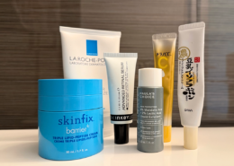 Simple anti-aging skincare routine with cleanser, vitamin C, moisturizer and sunscreen