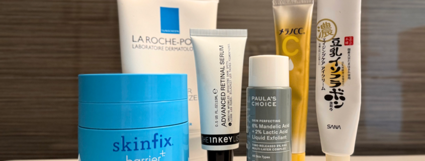 Simple anti-aging skincare routine with cleanser, vitamin C, moisturizer and sunscreen