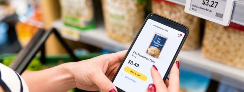 Shopper comparing a digital shelf price with a price on a smartphone
