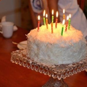 A birthday cake with lit candles