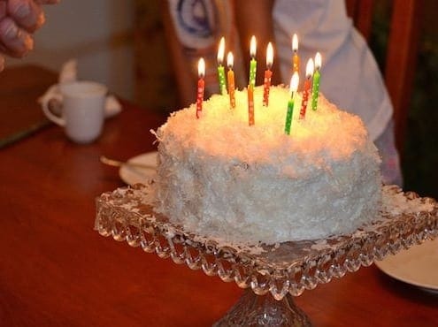 A birthday cake with lit candles