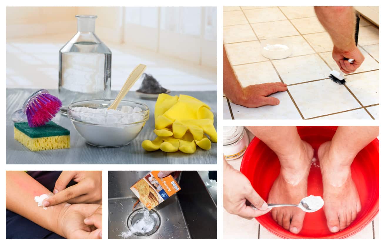 Collage depicting many uses for baking soda