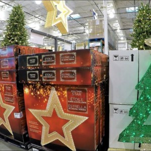 Costco aisle with Christmas gifts trees and decor