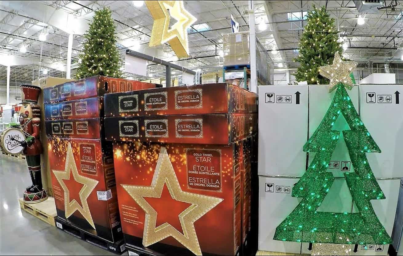 Costco aisle with Christmas gifts trees and decor