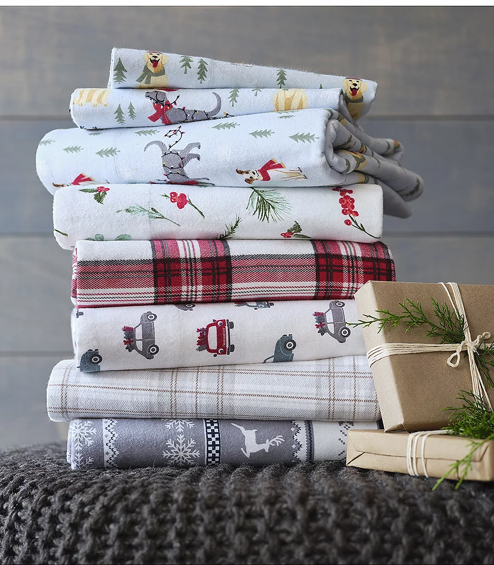 Jcpenney north pole brand flannel sheets sitting in a stack