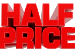 3D HALF PRICE word on white background 3d rendering