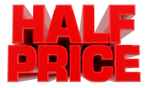 3D HALF PRICE word on white background 3d rendering