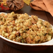 A small casserole dish of herbal holiday stuffing