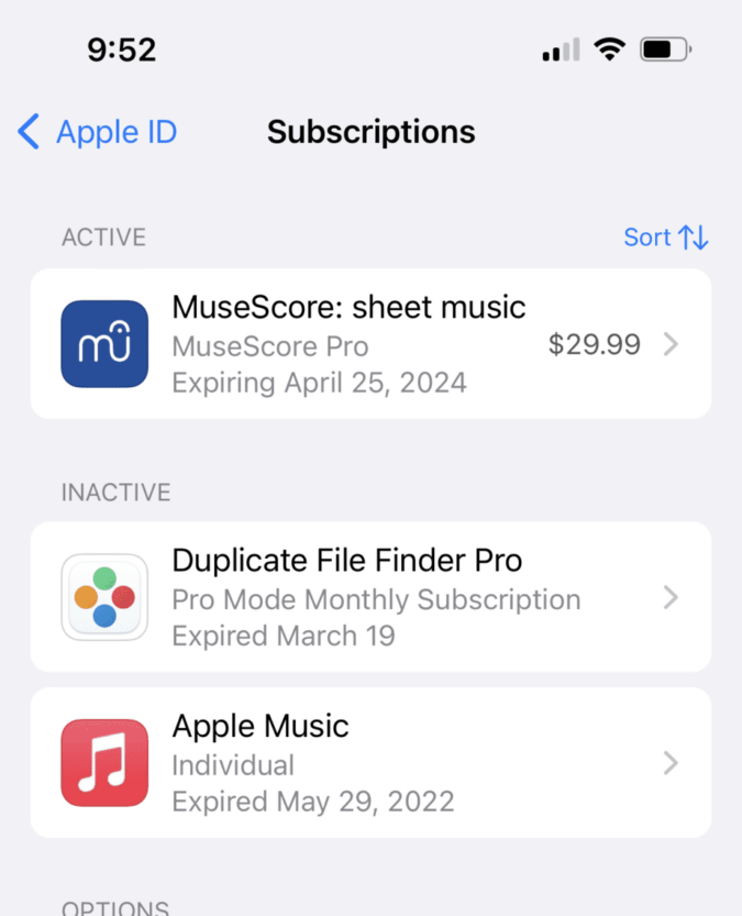 screenshot of iphone subscriptions