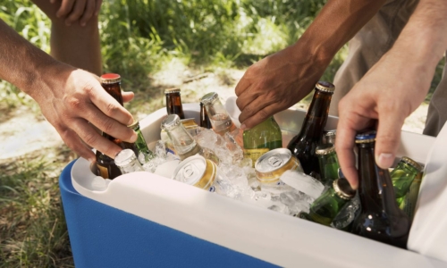 ice cooler with drinks and male hands