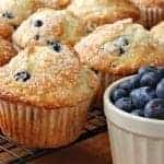Food on a table, with Blueberry and Muffin