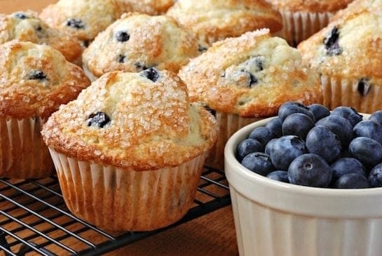 Food on a table, with Muffin and Blueberry