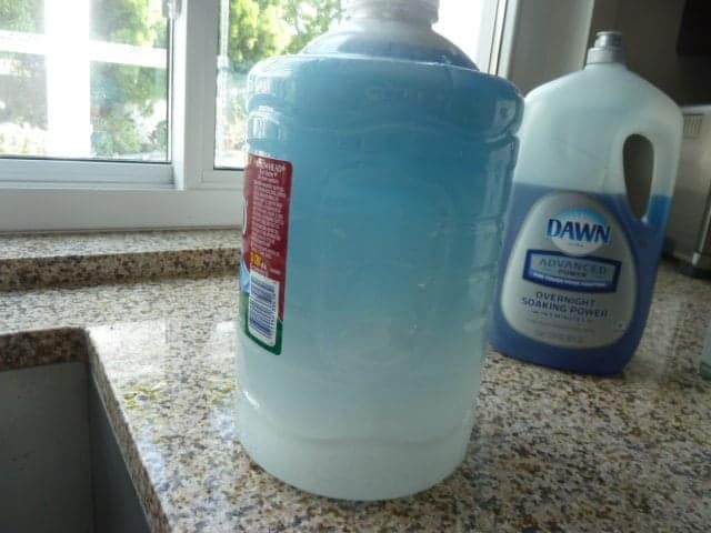 A glass bottle next to a window, with Detergent and Laundry