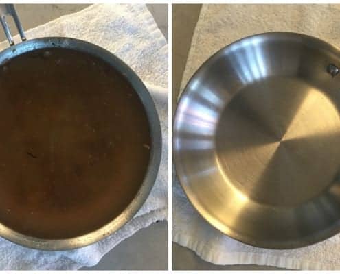 Burned on mess in pan before and after cleaning