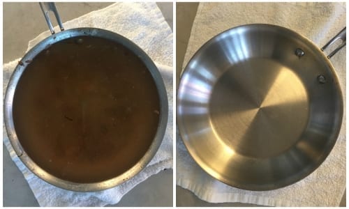 Burned on mess in pan before and after cleaning