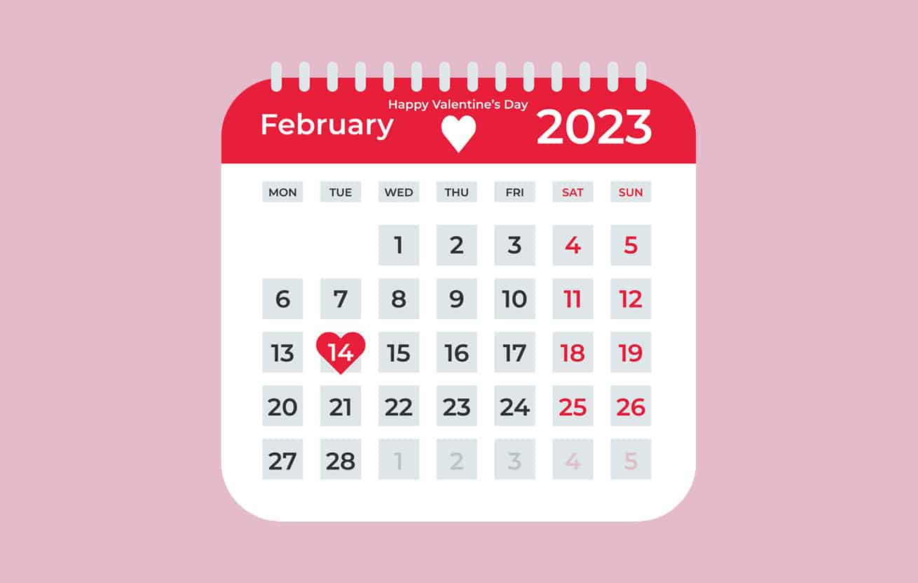 Calendar showing Valentines Day 2023