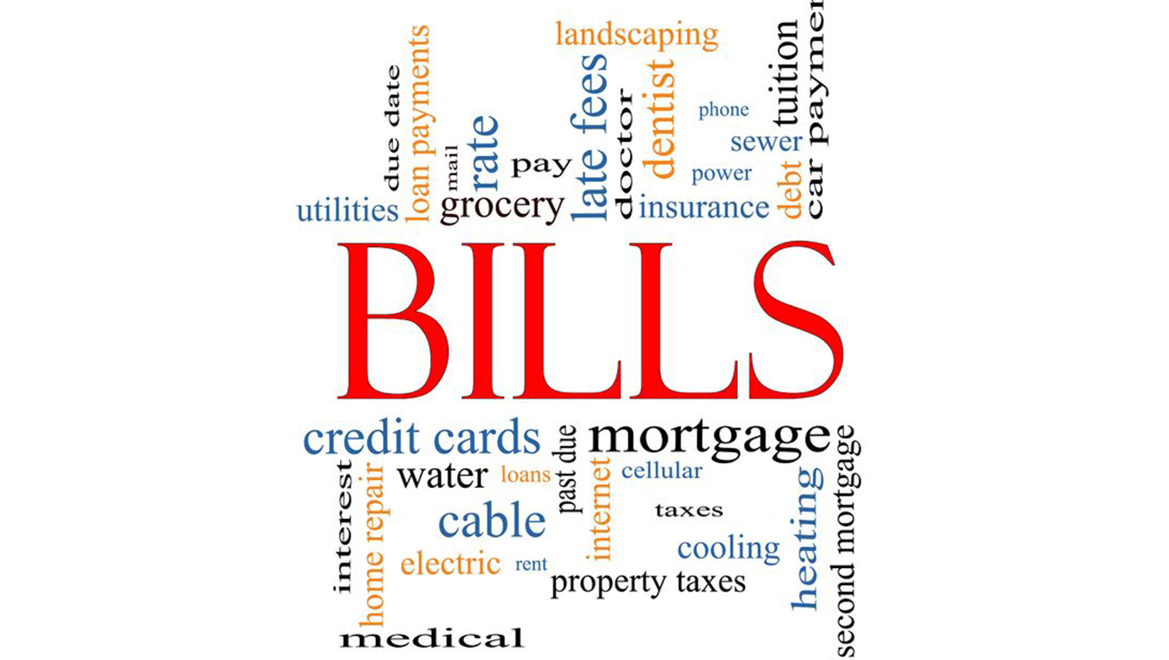 bills word cloud concept with great terms such as medical, mortgage, past due, pay, taxes and more.