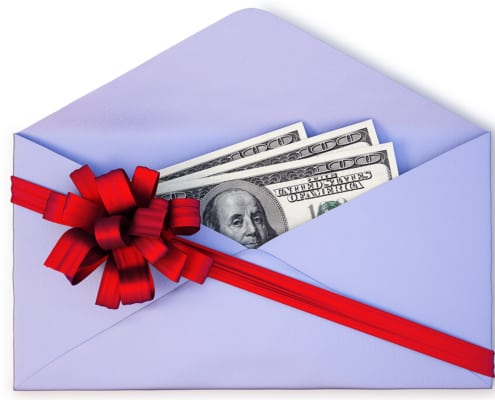 open a paper envelope with the dollars tied with red ribbon and bow. 