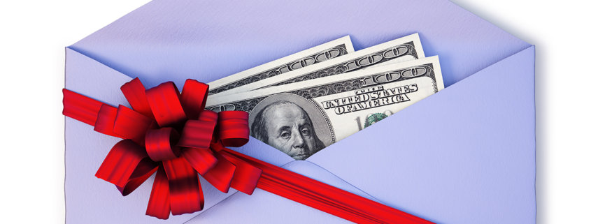 open a paper envelope with the dollars tied with red ribbon and bow.