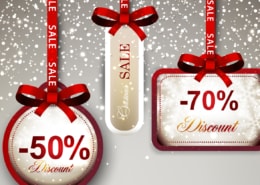Set of sale and discount paper labels with red bows and ribbons