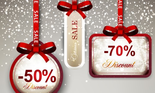 Set of sale and discount paper labels with red bows and ribbons