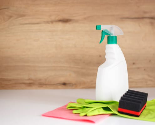 cleaning supplies: cleaning spray bottle with plastic dispenser, protective gloves, sponge