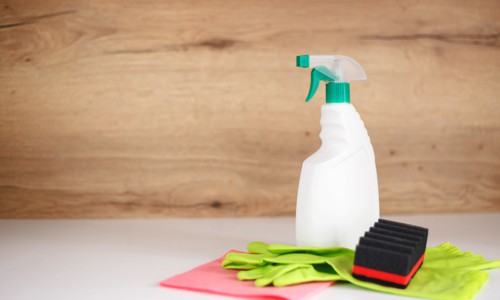 cleaning supplies: cleaning spray bottle with plastic dispenser, protective gloves, sponge