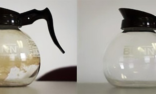 coffee carafe before after cleaning with salt and ice