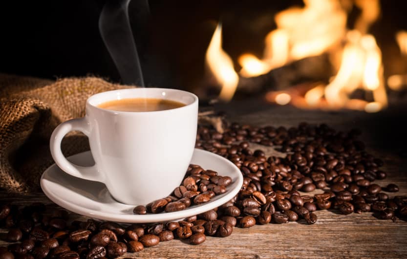 hot coffee near fireplace