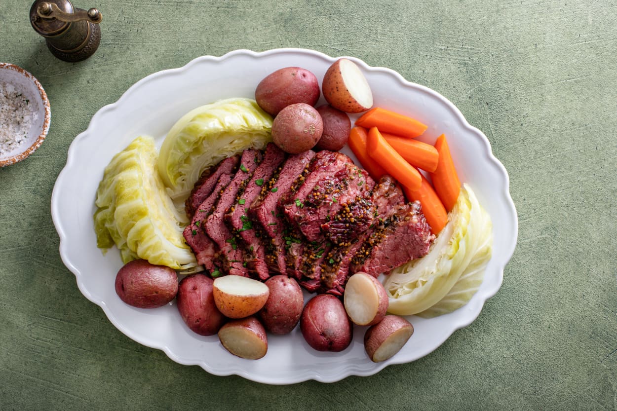 Corned beef with cabbage and potatoes on a serving platter