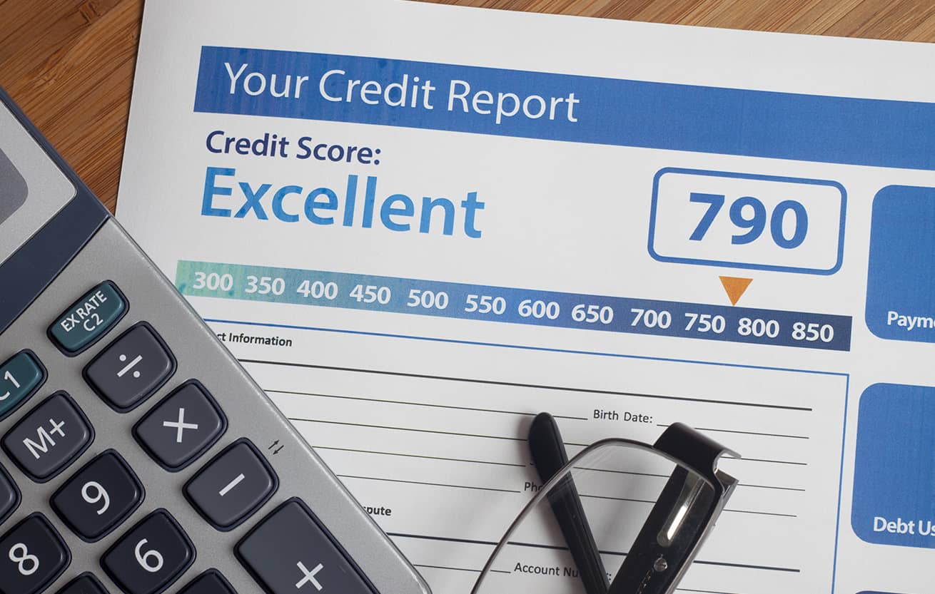Credit report with score on a desk