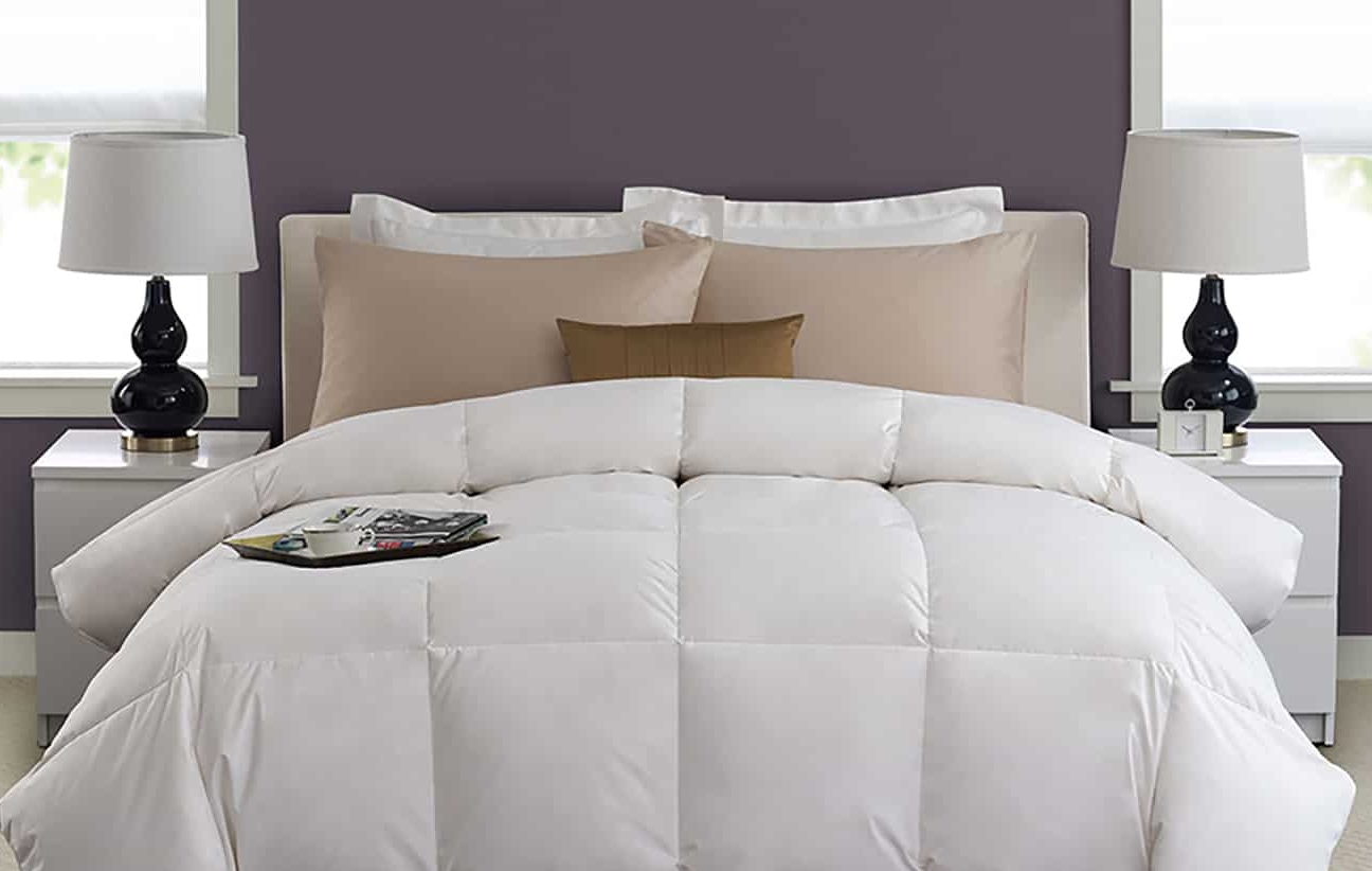 Down Comforter on bed in a serene setting
