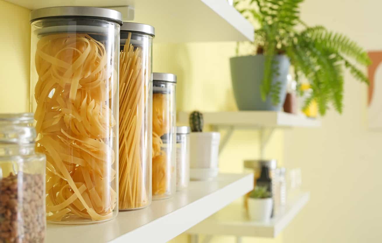 dry pasta storage in jars on shelf