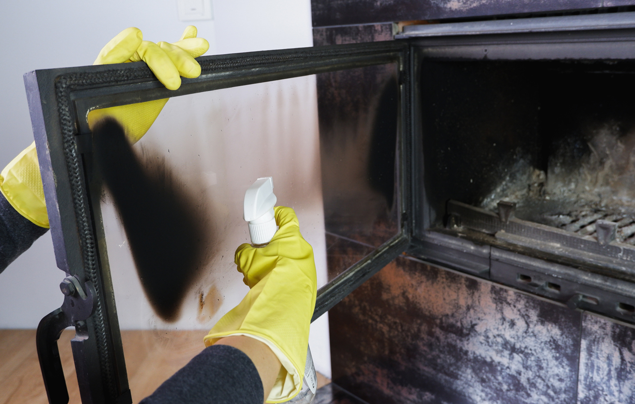A woman cleaning soot from the glass of the fireplace. Homework daily winter routine