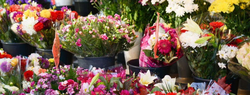 Flower market with various multicolored fresh flowers