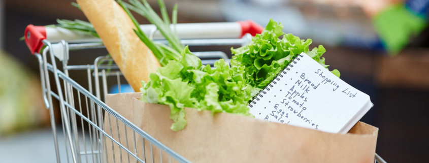 Background image of shopping cart with fresh groceries