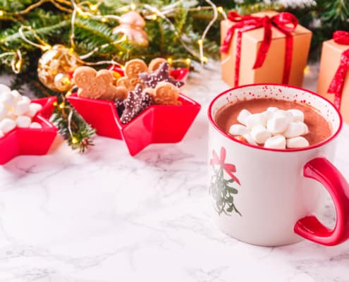 Hot chocolate with marshmallow and cookies in Xmas setting background. Concept of Christmas holiday. Warm tone. Horizontal