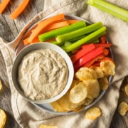 Homemade Carmelized Onion Dip with Chips and Veggies