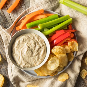 Homemade Carmelized Onion Dip with Chips and Veggies