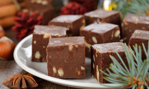 traditional Christmas chocolate fudge, close-up on a brown