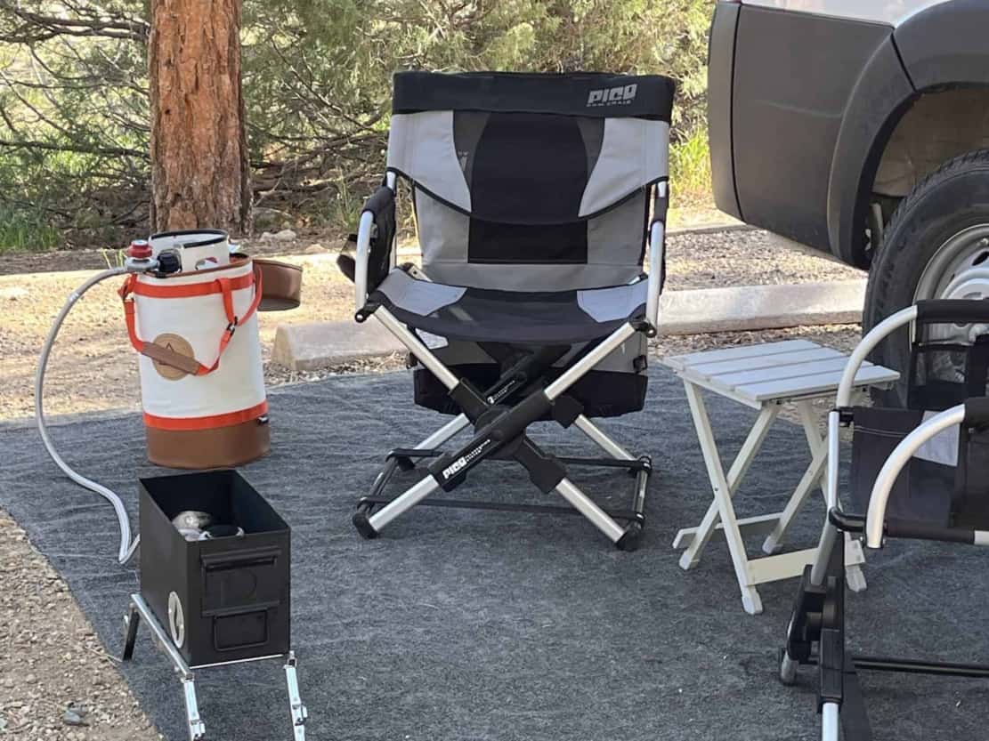 camping set up with LavaBox and propane tank and Pico Chairs