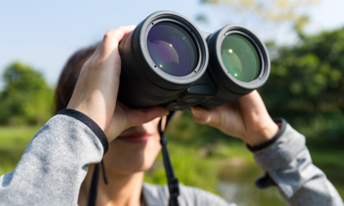 Young woman using binocular to search the year just over