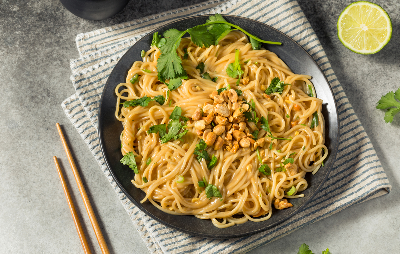 Homemade Asian Peanut Sauce Noodles with Cilantro and Lime