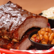 delicious bbq ribs with beans, cole slaw and a tangy bbq sauce