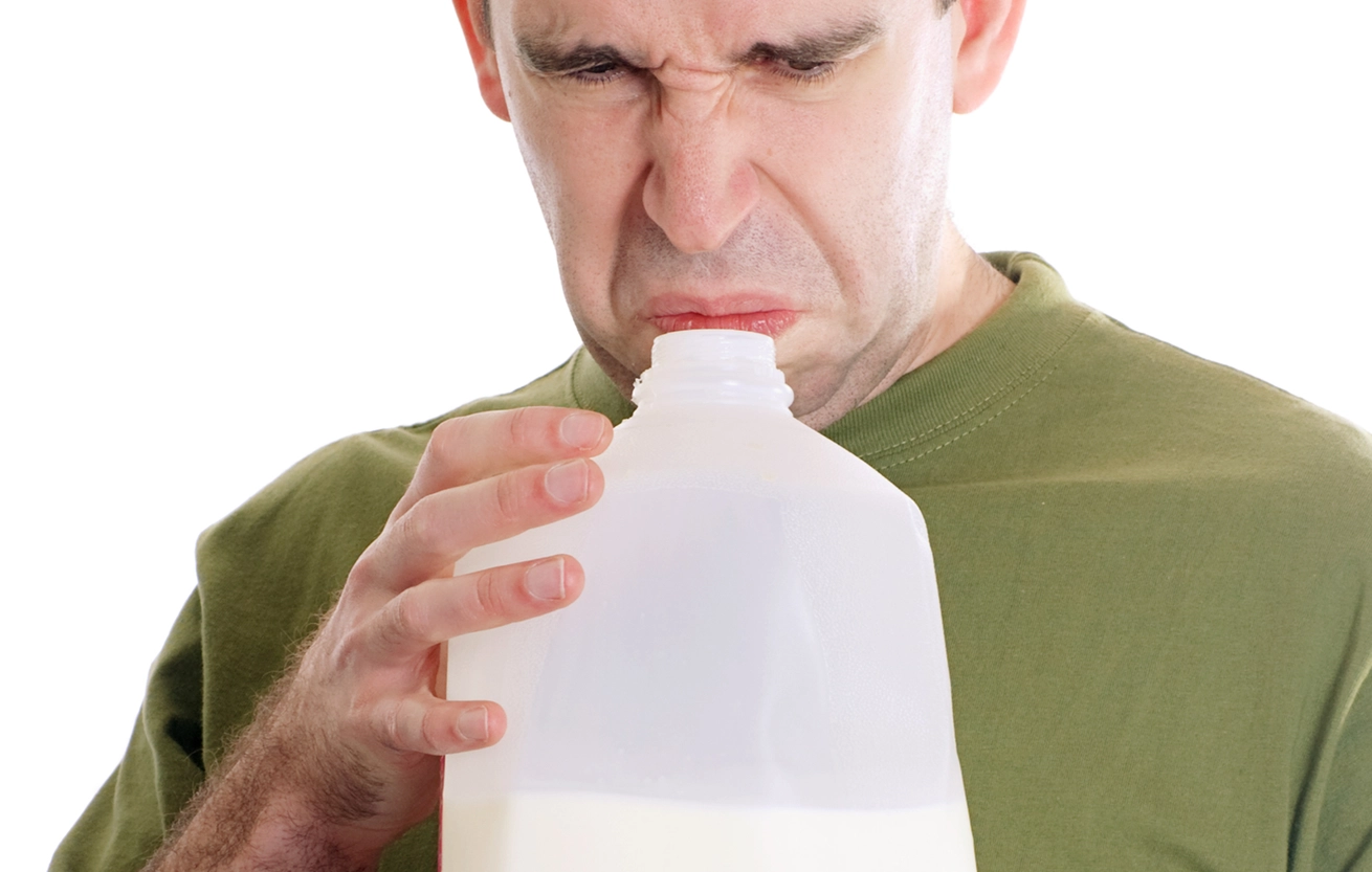 man smelling spoiled food sour milk and not enjoying the experience