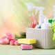 Spring cleaning concept - cleaning supplies and flowers on blur background