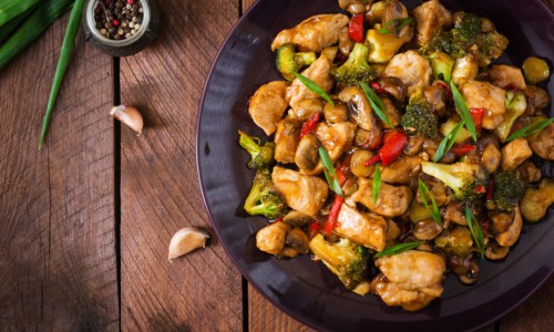 Stir fry with chicken, mushrooms, broccoli and peppers - Chinese food. Top view