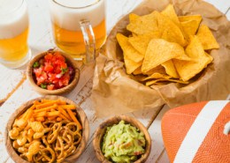 Football party food, super bowl day, nacho ' s salsa guacamole