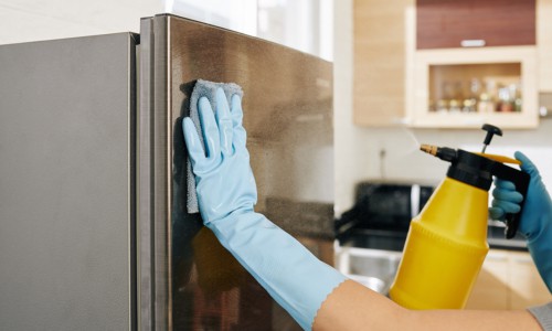 Woman cleaning refrigerator