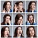 Set of young woman's portraits with different emotions on gray background